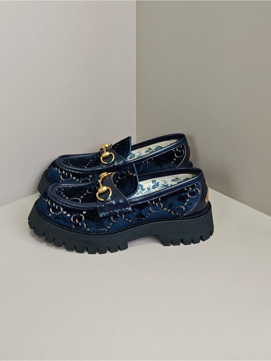 Gucci Shoes - Gucci Navy Velvet Horsebit Lug Sole Loafers